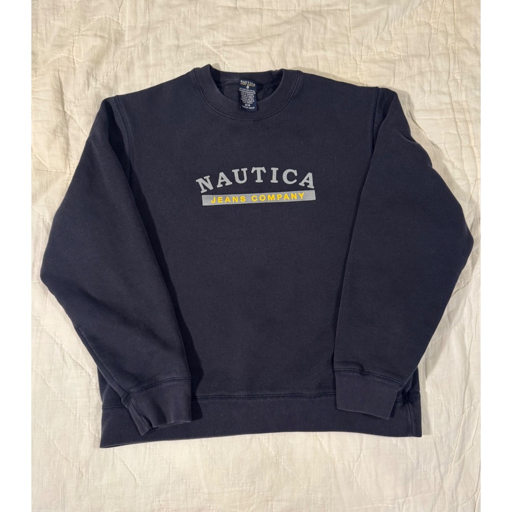 Vintage Nautica Jeans Company Mens Navy Blue Graphic Crewneck Sweatshirt Medium